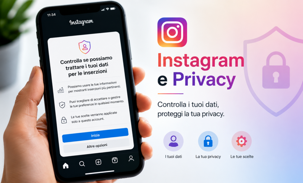 Schermata Instagram relativa al consenso dati e alle impostazioni privacy dell’account
