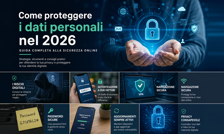 Guida alla sicurezza online nel 2026 con protezione dati personali, autenticazione a due fattori e cybersecurity