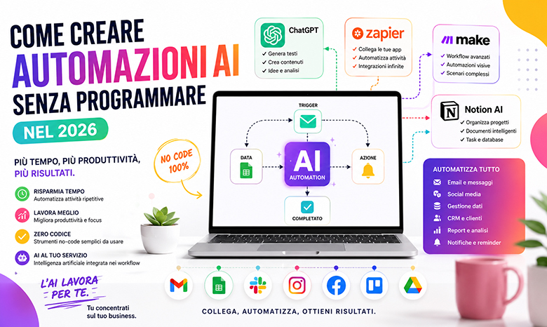 Automazioni AI senza programmare tramite ChatGPT, Zapier, Make e strumenti no-code nel 2026