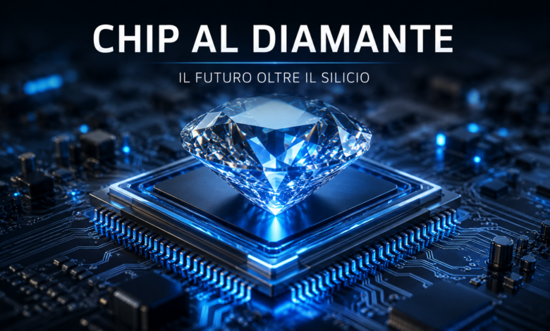 Illustrazione futuristica di un chip con diamante utilizzato come materiale innovativo per i semiconduttori del futuro