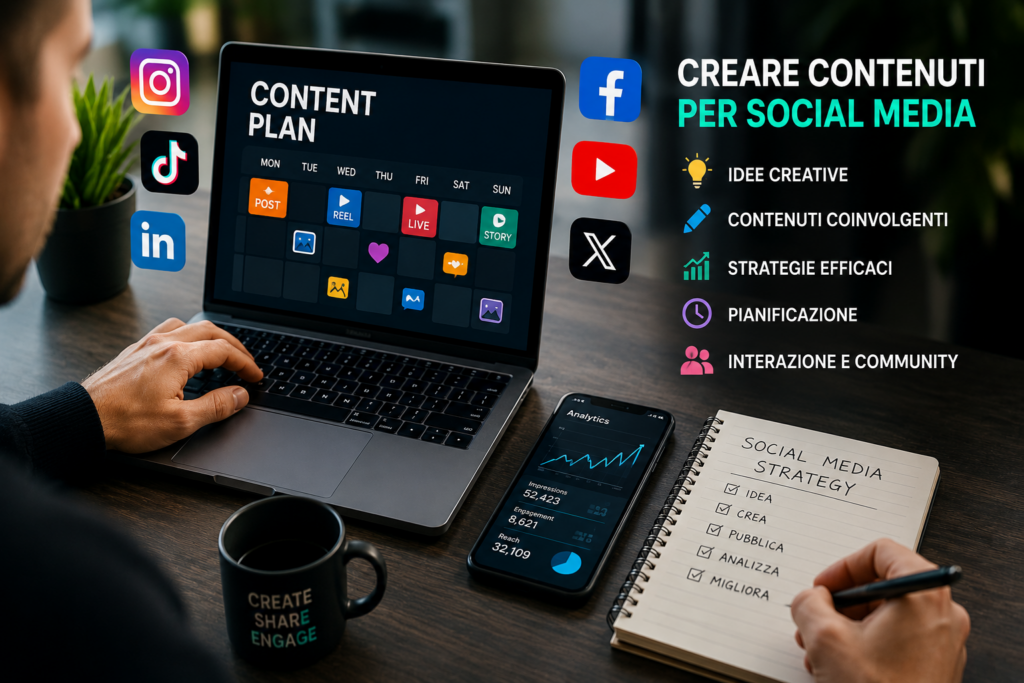 Professionista che utilizza ChatGPT e strumenti social media per creare contenuti digitali e strategie online