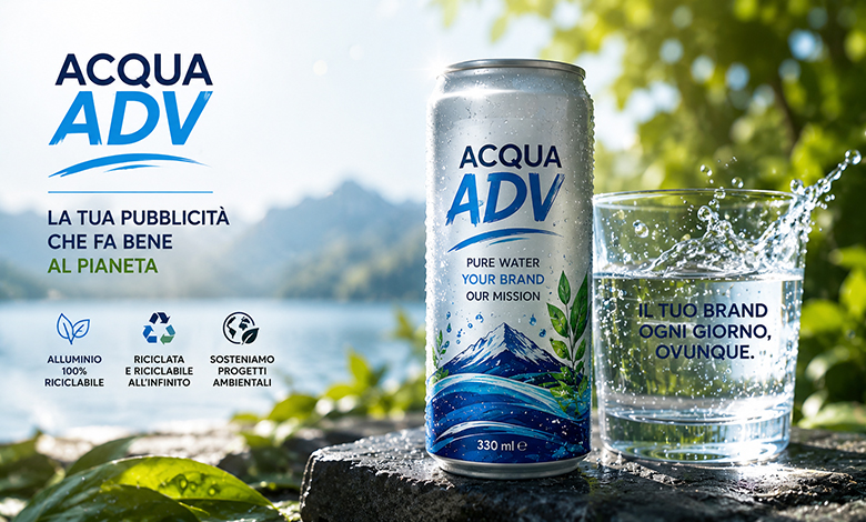 Lattina Acqua Adv in alluminio riciclabile accanto a un bicchiere d’acqua in un contesto naturale e sostenibile.