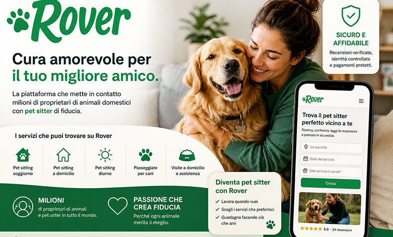 Donna che abbraccia un cane mentre utilizza Rover, la piattaforma per trovare pet sitter, dog sitter e servizi dedicati agli animali domestici.