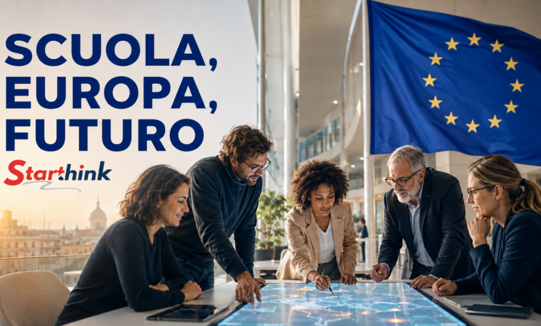 Professionisti al lavoro su un progetto educativo europeo, con bandiera dell’Unione europea e scritta “Scuola, Europa, Futuro”