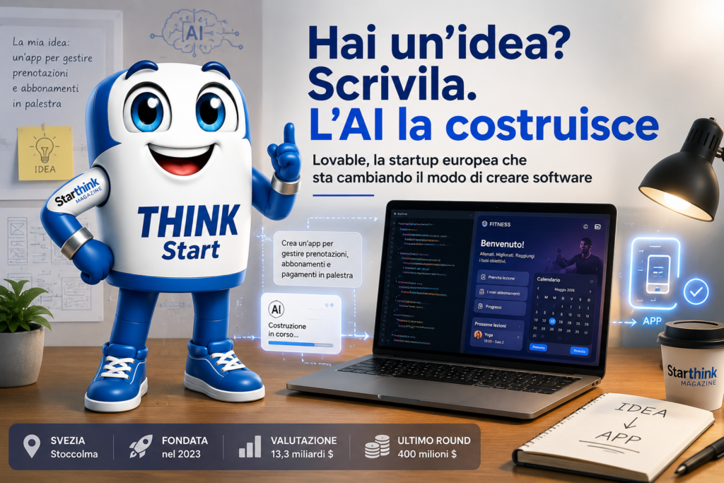Mascotte THINK Start con intelligenza artificiale che trasforma un’idea in un’app tramite Lovable