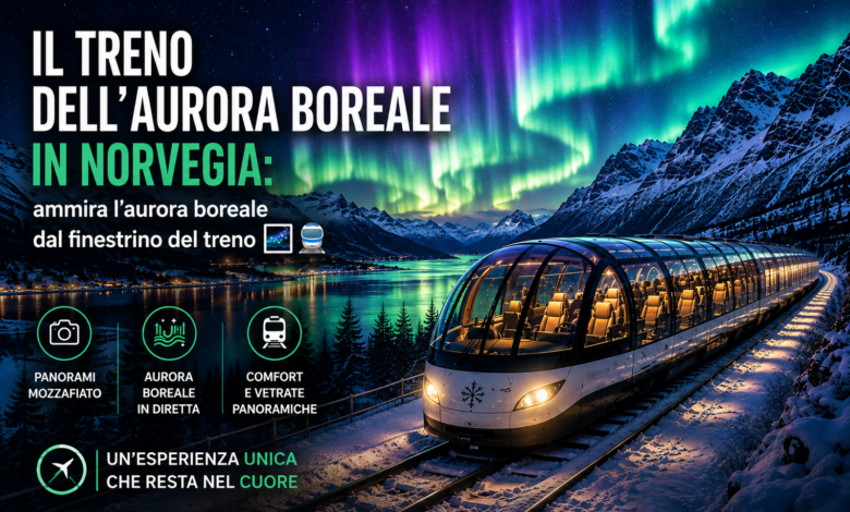 Treno panoramico in Norvegia che attraversa fiordi e montagne innevate mentre l'aurora boreale illumina il cielo durante una notte d'inverno.